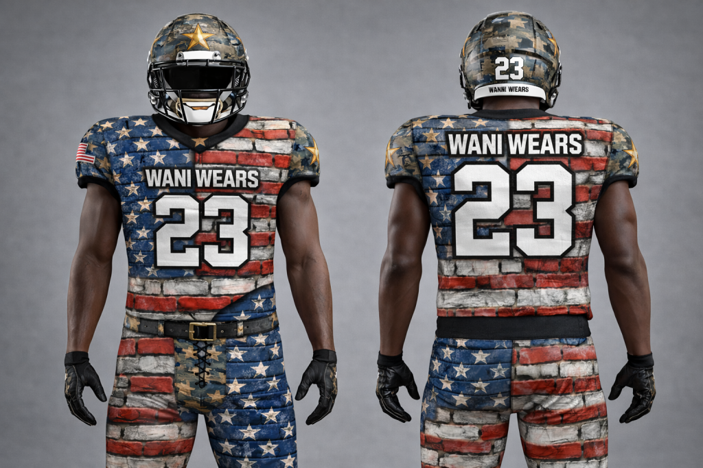 “Customized American football uniform with team colors, player number, and personalized name on the jersey.”