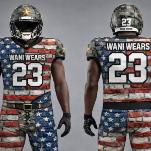“Customized American football uniform with team colors, player number, and personalized name on the jersey.”