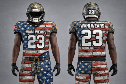 “Customized American football uniform with team colors, player number, and personalized name on the jersey.”
