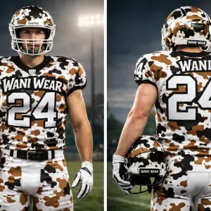 Professional athlete wearing custom American football uniform camo design holding helmet, premium teamwear by WANI WEAR