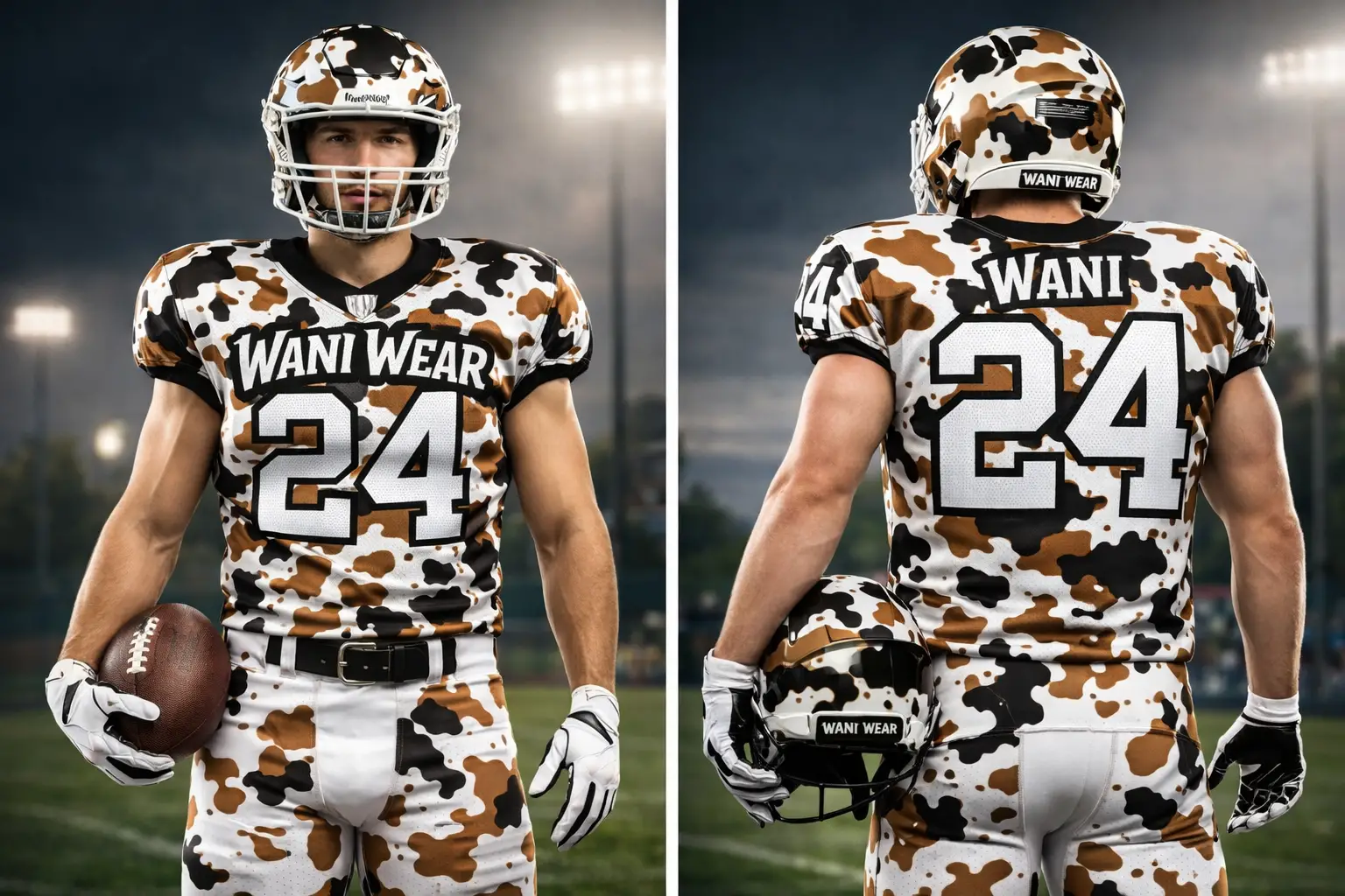 Professional athlete wearing custom American football uniform camo design holding helmet, premium teamwear by WANI WEAR