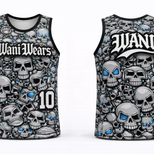 Custom skull basketball uniform set with jersey shorts cap and arm sleeve sublimation printed sportswear by wani wears