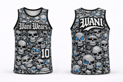 Custom skull basketball uniform set with jersey shorts cap and arm sleeve sublimation printed sportswear by wani wears