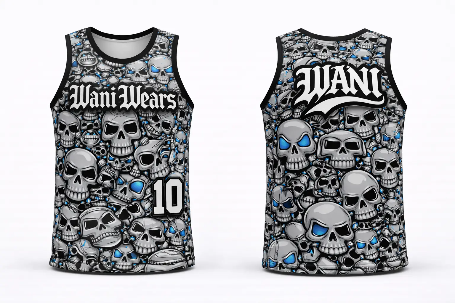 Custom skull basketball uniform set with jersey shorts cap and arm sleeve sublimation printed sportswear by wani wears