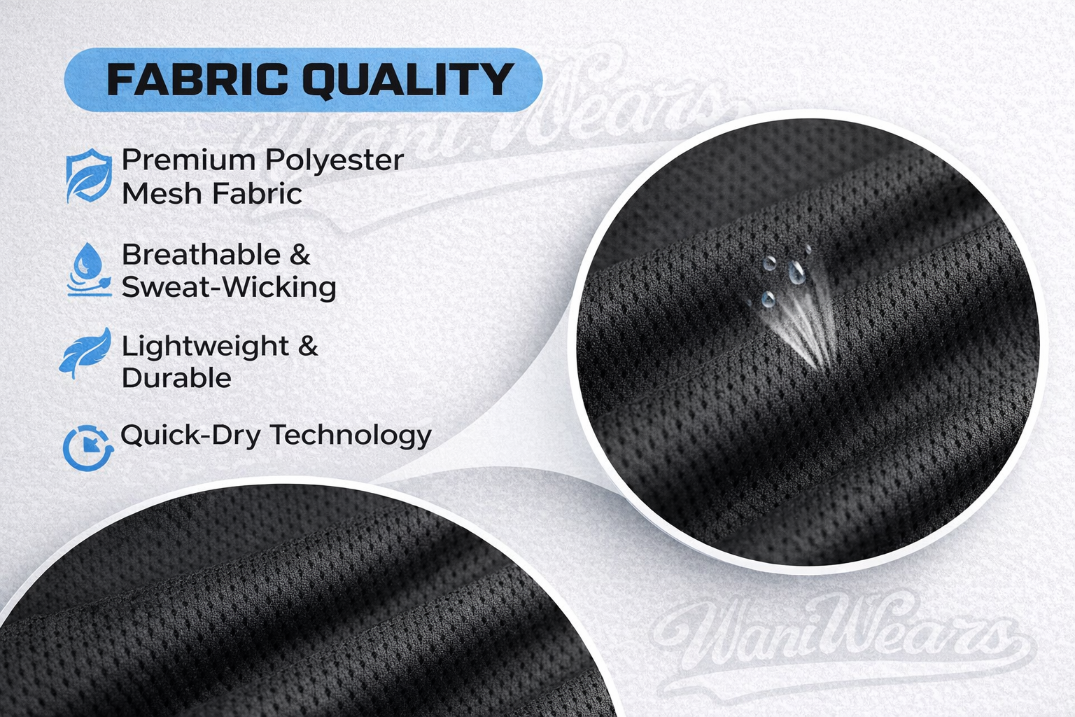 remium polyester mesh fabric sportswear by Wani Wears featuring breathable, sweat-wicking, lightweight and quick-dry technology for custom athletic uniforms and team apparel