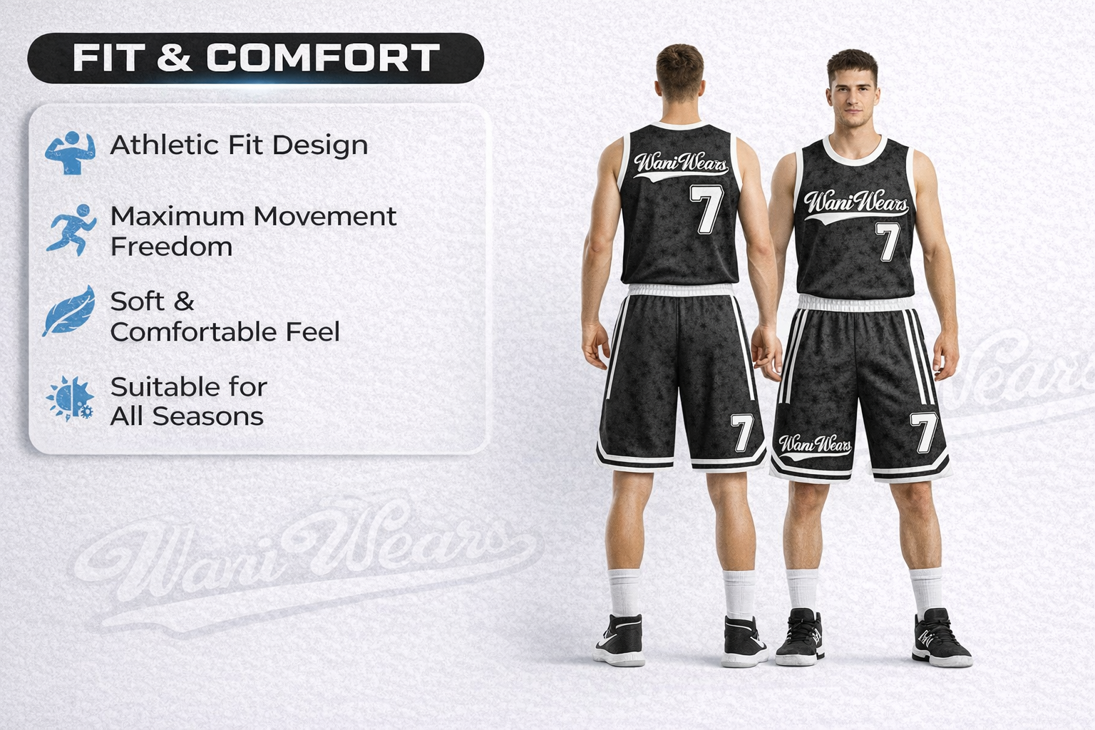 Custom basketball uniform by Wani Wears featuring athletic fit design, breathable fabric, maximum movement flexibility and comfortable lightweight sportswear for teams and bulk orders