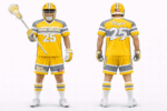 Custom yellow lacrosse uniform front and back view with WANI WEARS logo, player number 25, striped sleeves, matching shorts, gloves, helmet, and lacrosse stick