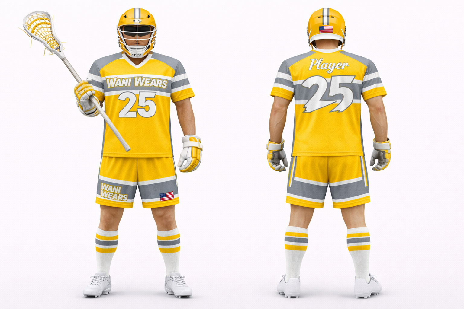 Custom yellow lacrosse uniform front and back view with WANI WEARS logo, player number 25, striped sleeves, matching shorts, gloves, helmet, and lacrosse stick