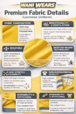 WANI WEARS lacrosse uniform premium fabric details infographic showing polyester mesh material, breathability, moisture-wicking, 4-way stretch, durability, ventilation, and sublimation printing features