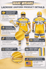 WANI WEARS custom lacrosse uniform product details infographic showing yellow sublimated jersey front and back with features like moisture-wicking fabric, durable seams, stretch flexibility, mesh panels, and USA flag patch