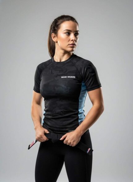 “Women’s black athletic performance t-shirt with moisture-wicking fabric, slim fit gym wear, breathable sports training top by Wani Wears”