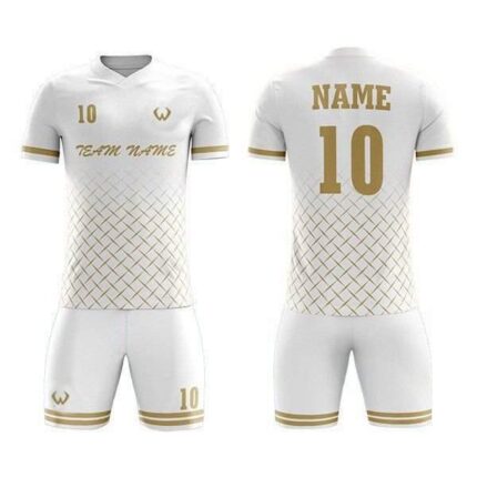 Custom soccer uniform in white and gold with geometric patterns for professional team kits.
