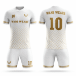 Custom soccer uniform in white and gold with geometric patterns for professional team kits.