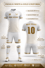 Custom soccer uniform in white and gold with geometric patterns for professional team kits.