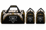 Front and side views of the Wani Wear sports duffel bag featuring a black and floral camouflage pattern with yellow piping and branding.
