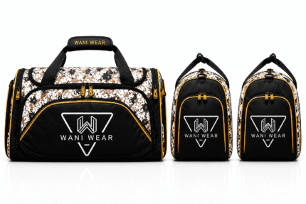 Front and side views of the Wani Wear sports duffel bag featuring a black and floral camouflage pattern with yellow piping and branding.