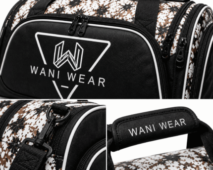 Close-up of Wani Wear duffel bag showing the embroidered logo, premium zipper hardware, heavy-duty strap clips, and padded handle with branding.