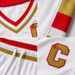 Close-up product detail graphic of a custom white basketball jersey and shorts featuring breathable mesh fabric, reinforced stitching, embroidered logo, V-neck collar, elastic waistband, and premium sportswear construction by Wani Wear.