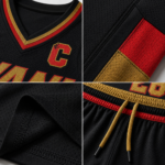 Product feature infographic of a custom black basketball uniform showcasing breathable mesh fabric, reinforced stitching, premium V-neck collar, elastic waistband, side panels, moisture-wicking material, OEM private label customization, and professional sportswear quality by Wani Wear.