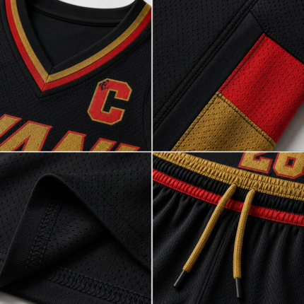 Product feature infographic of a custom black basketball uniform showcasing breathable mesh fabric, reinforced stitching, premium V-neck collar, elastic waistband, side panels, moisture-wicking material, OEM private label customization, and professional sportswear quality by Wani Wear.