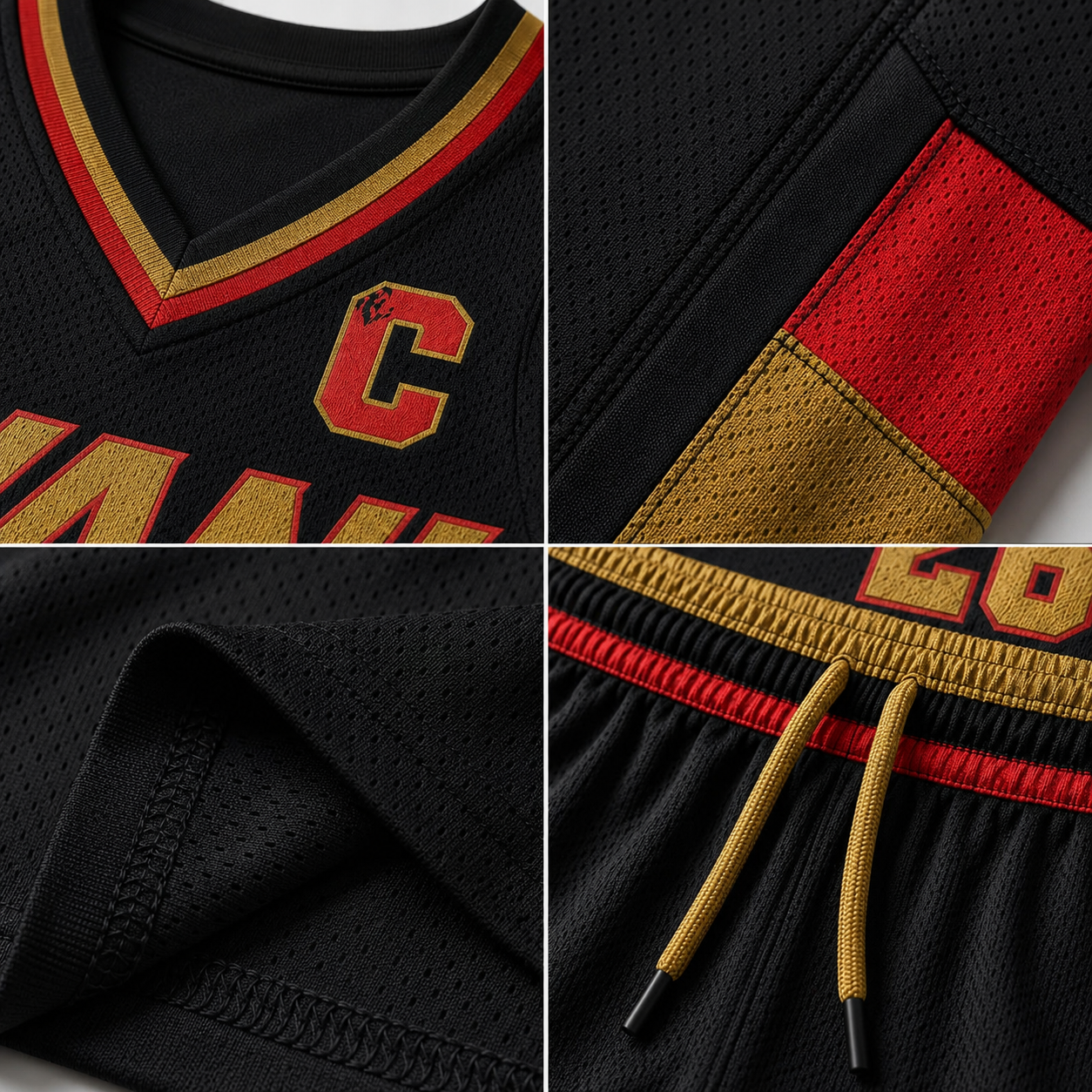 Product feature infographic of a custom black basketball uniform showcasing breathable mesh fabric, reinforced stitching, premium V-neck collar, elastic waistband, side panels, moisture-wicking material, OEM private label customization, and professional sportswear quality by Wani Wear.