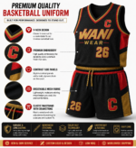 Product feature infographic of a custom black basketball uniform showcasing breathable mesh fabric, reinforced stitching, premium V-neck collar, elastic waistband, side panels, moisture-wicking material, OEM private label customization, and professional sportswear quality by Wani Wear.