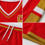 Product feature infographic of a custom red basketball jersey and shorts highlighting breathable mesh fabric, reinforced stitching, V-neck collar, elastic waistband, moisture-wicking polyester, premium craftsmanship, OEM private label customization, and professional basketball team apparel by Wani Wear.