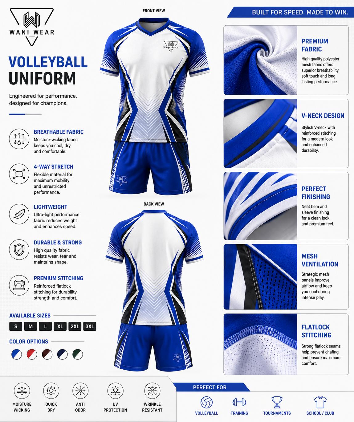Custom Volleyball Uniform Product Details Infographic – Premium Sublimated Volleyball Jersey & Shorts with Breathable Fabric, Moisture-Wicking Technology, Reinforced Stitching, OEM & Private Label Manufacturing by WANI WEAR.
