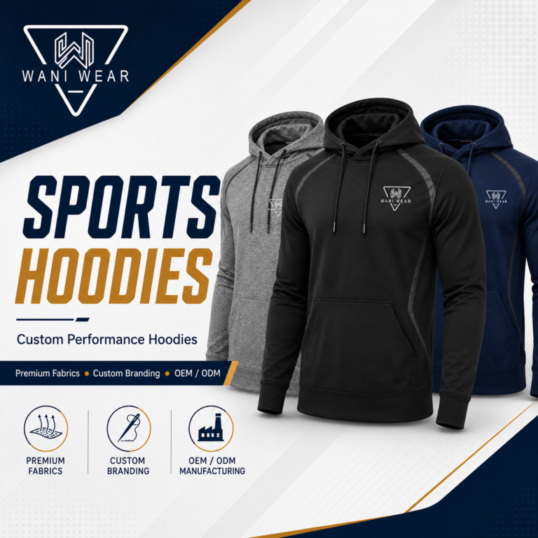 Custom sports hoodies by Wani Wear featuring premium fabric, moisture-wicking performance, durable stitching, custom branding and private label manufacturing.
