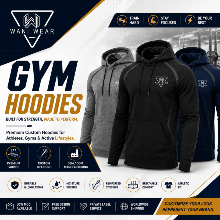 : Custom Gym hoodies by Wani Wear featuring premium fabrics, trendy streetwear designs, custom branding, private labels and comfortable unisex styles.
