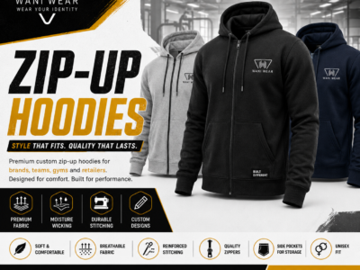 Custom zip-up hoodies by Wani Wear featuring premium fabric, durable zippers, reinforced stitching, side pockets and private label branding.