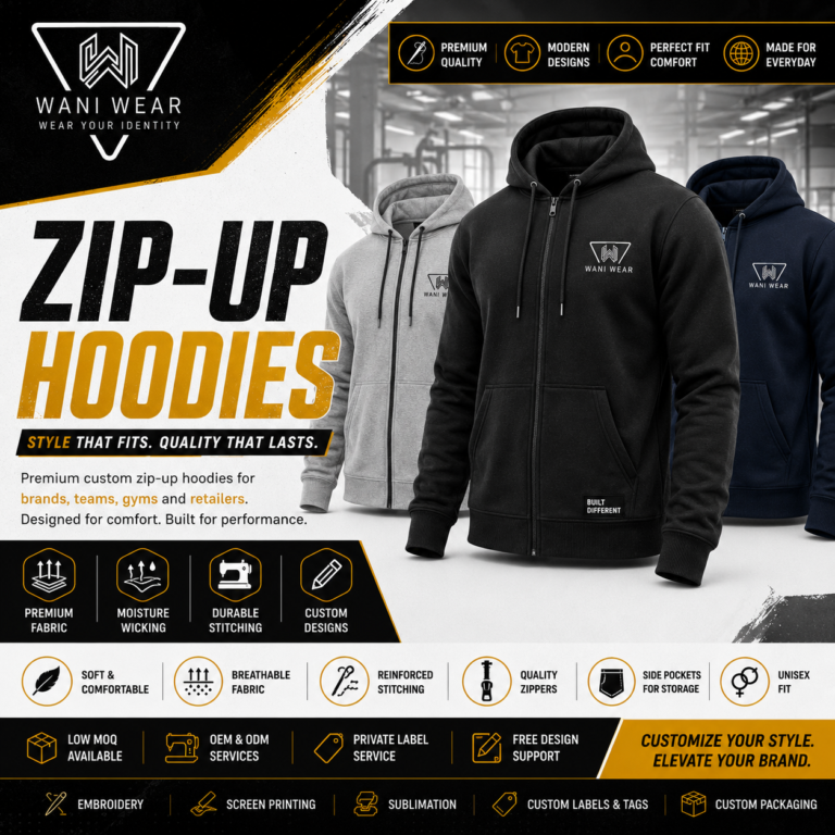 Custom zip-up hoodies by Wani Wear featuring premium fabric, durable zippers, reinforced stitching, side pockets and private label branding.