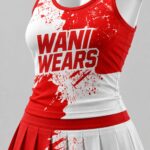 Custom sublimated racerback tank dress with red white splatter print and logo