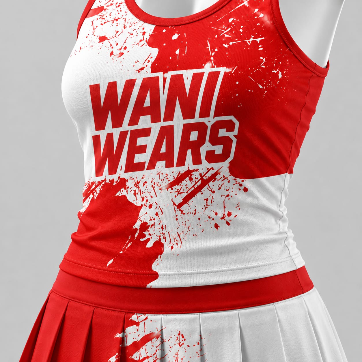 Custom sublimated racerback tank dress with red white splatter print and logo