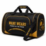 Wani Wears branded sports duffel bag angled view with football graphic