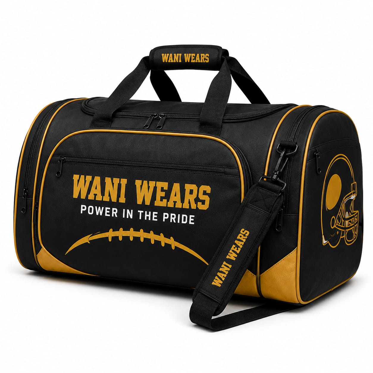 Wani Wears branded sports duffel bag angled view with football graphic