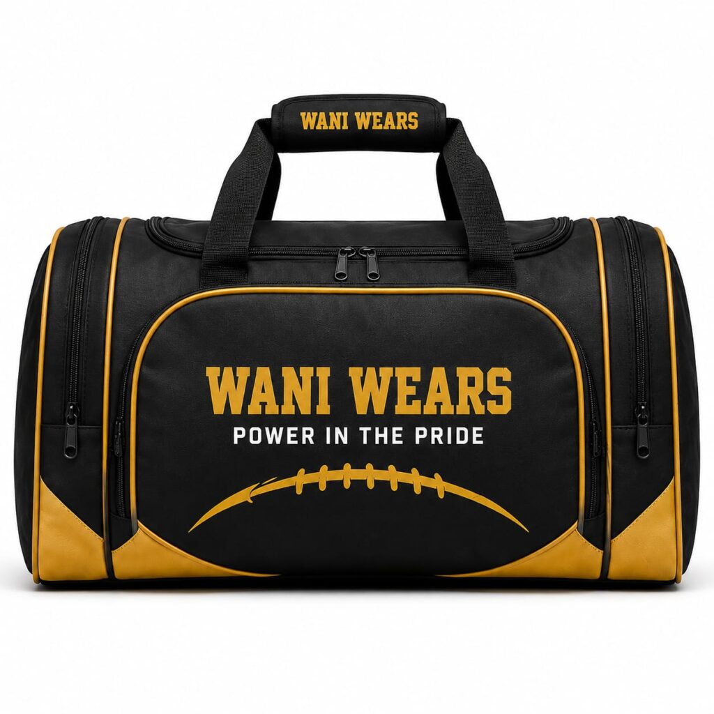 Custom black and gold American football duffel bag – front view wholesale sports bag