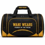 Custom black and gold American football duffel bag – front view wholesale sports bag