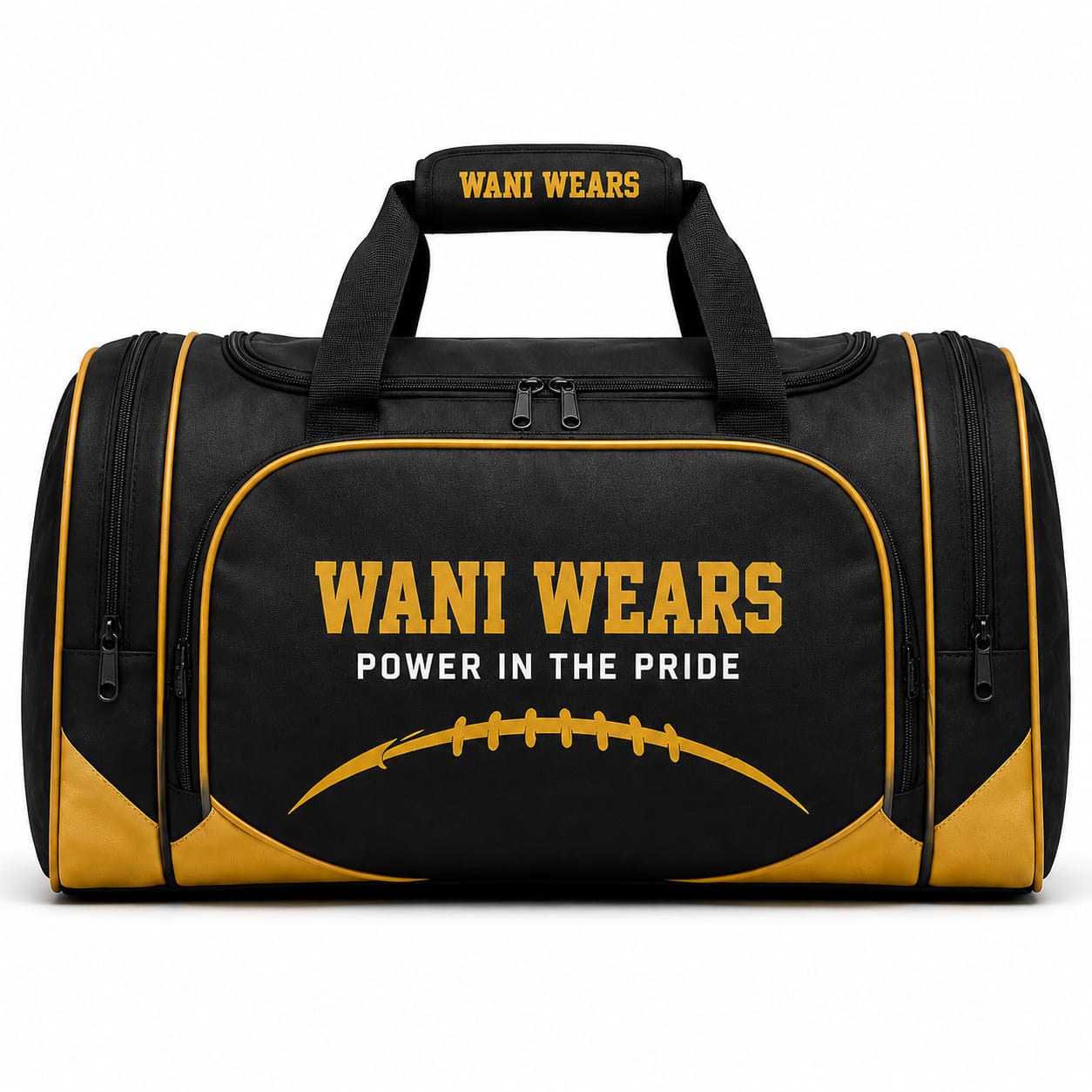 Custom black and gold American football duffel bag – front view wholesale sports bag