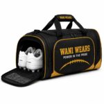 Duffel bag ventilated shoe compartment for football cleats and gym shoes
