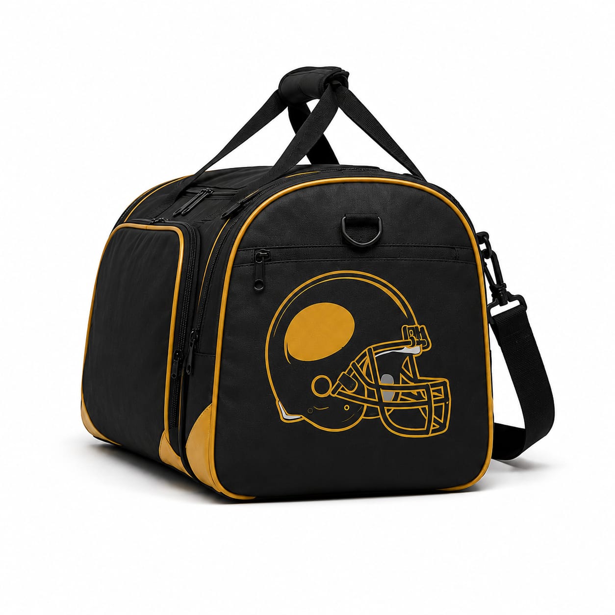 American football helmet logo duffel bag side angle wholesale gym bag