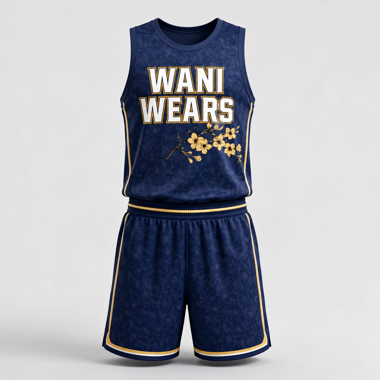 Custom sublimated basketball uniform navy gold floral jersey and shorts set