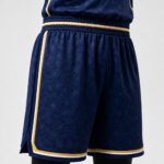 ustom basketball shorts navy gold side stripe waistband detail
