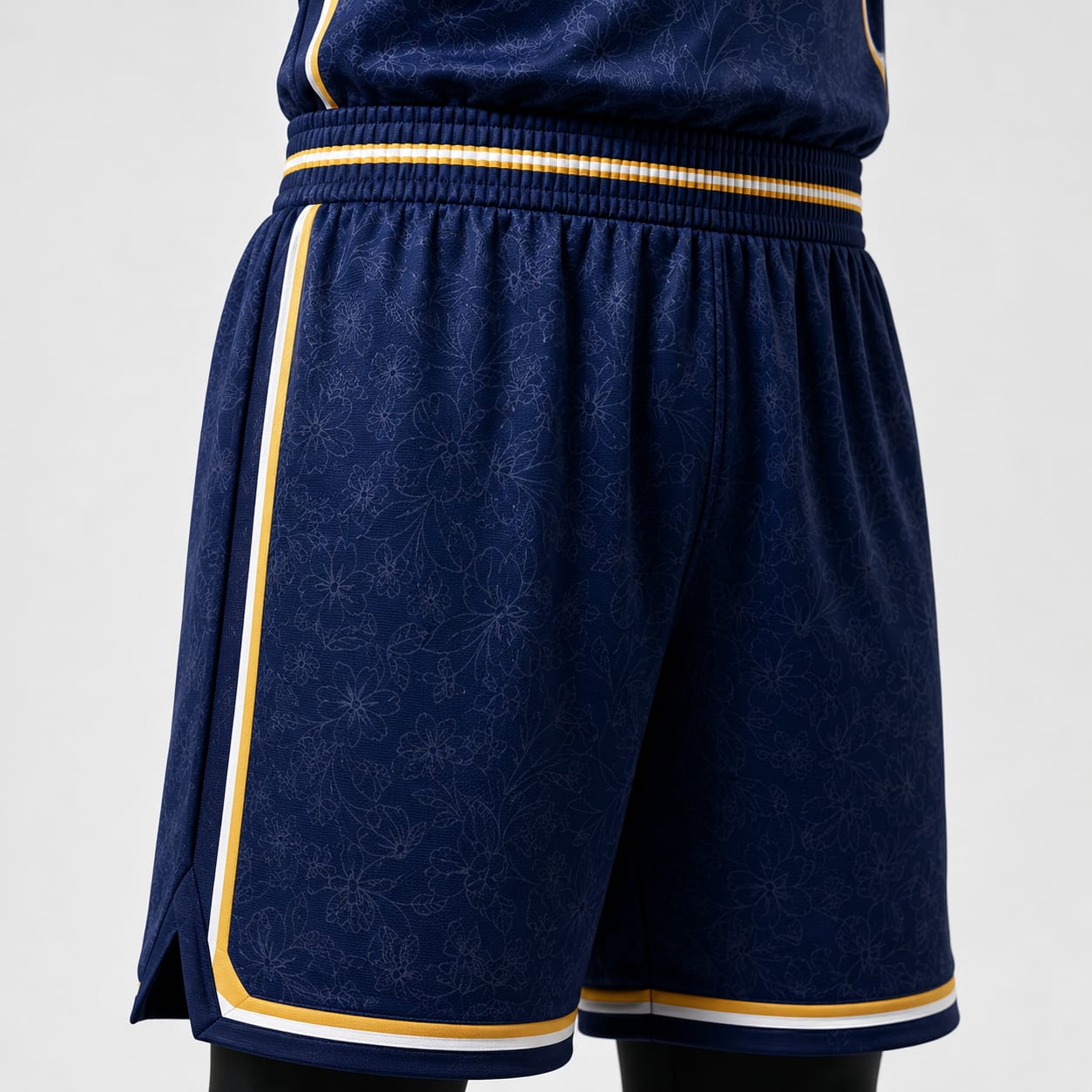ustom basketball shorts navy gold side stripe waistband detail
