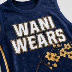 Custom sublimated basketball jersey navy gold floral chest logo close-up