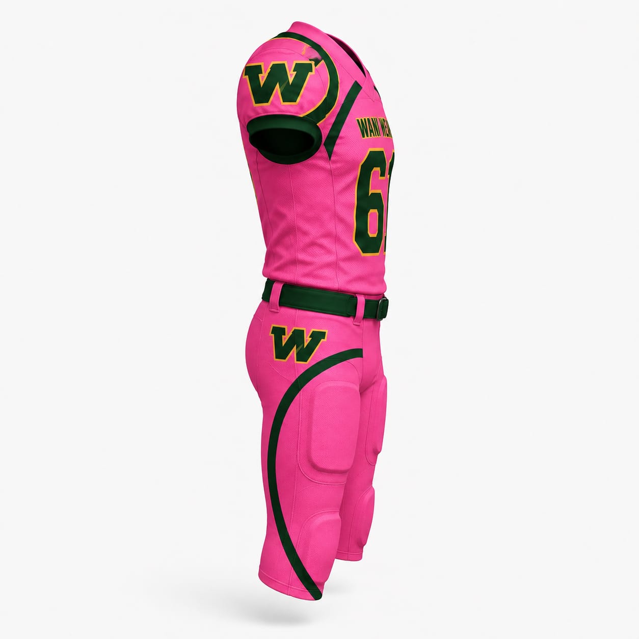 Custom American football uniform with personalized jersey and padded football pants side view