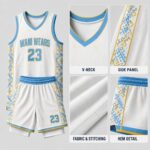Custom basketball uniform fabric stitching and V-neck collar detail closeup