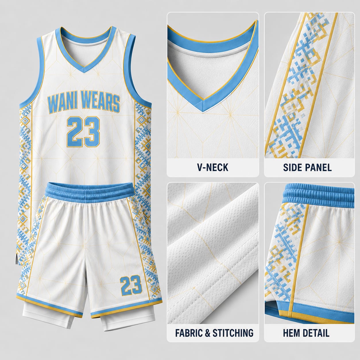 Custom basketball uniform fabric stitching and V-neck collar detail closeup