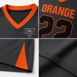 Lacrosse uniform fabric and stitching close-up — collar, team name print, shorts panel, seam detail