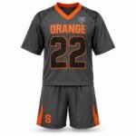 Custom lacrosse jersey front view with team name ORANGE and number 22, grey and orange design